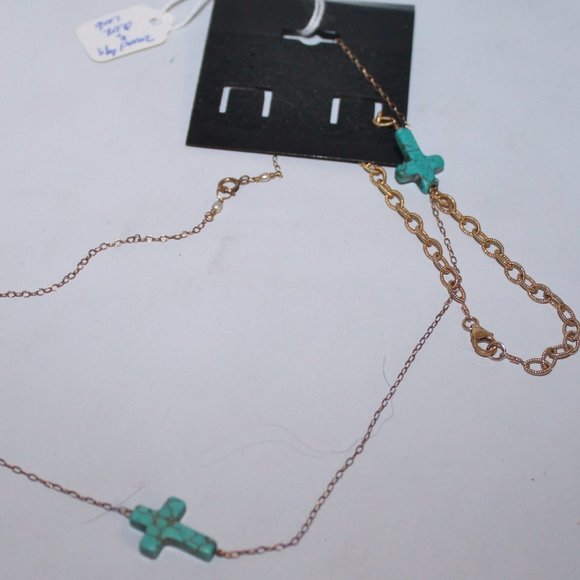 Vintage 14K GF Turquoise Sideway Cross w Pearls Necklace Bracelet Set Lot - Picture 1 of 9